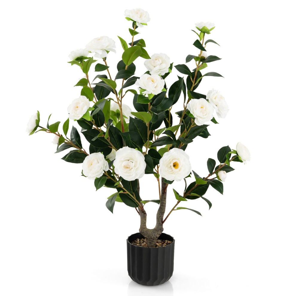 White Artificial Camellia Tree in Cement Pot Free Maintenance