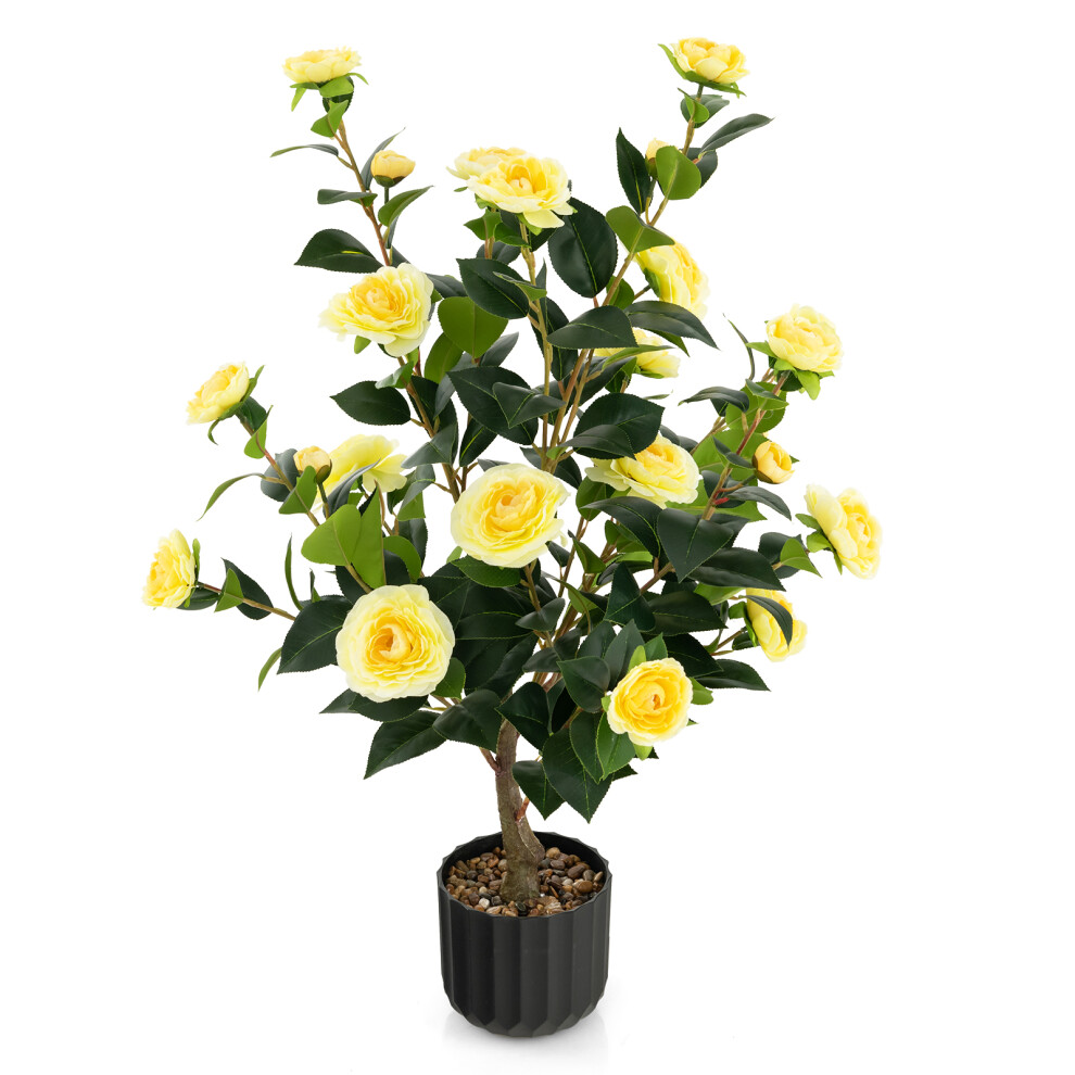 Yellow Artificial Camellia Tree in Cement Pot Free Maintenance