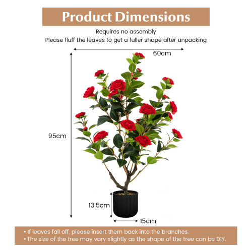 Costway 2PCS Red Artificial Camellia Trees in Cement Pot Free Maintenance 1