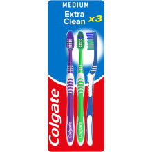 COLGATE Extra Clean Medium Toothbrush (Assorted) Cleaning Tip Reaches and Cleans Back Teeth (Pack of 3)