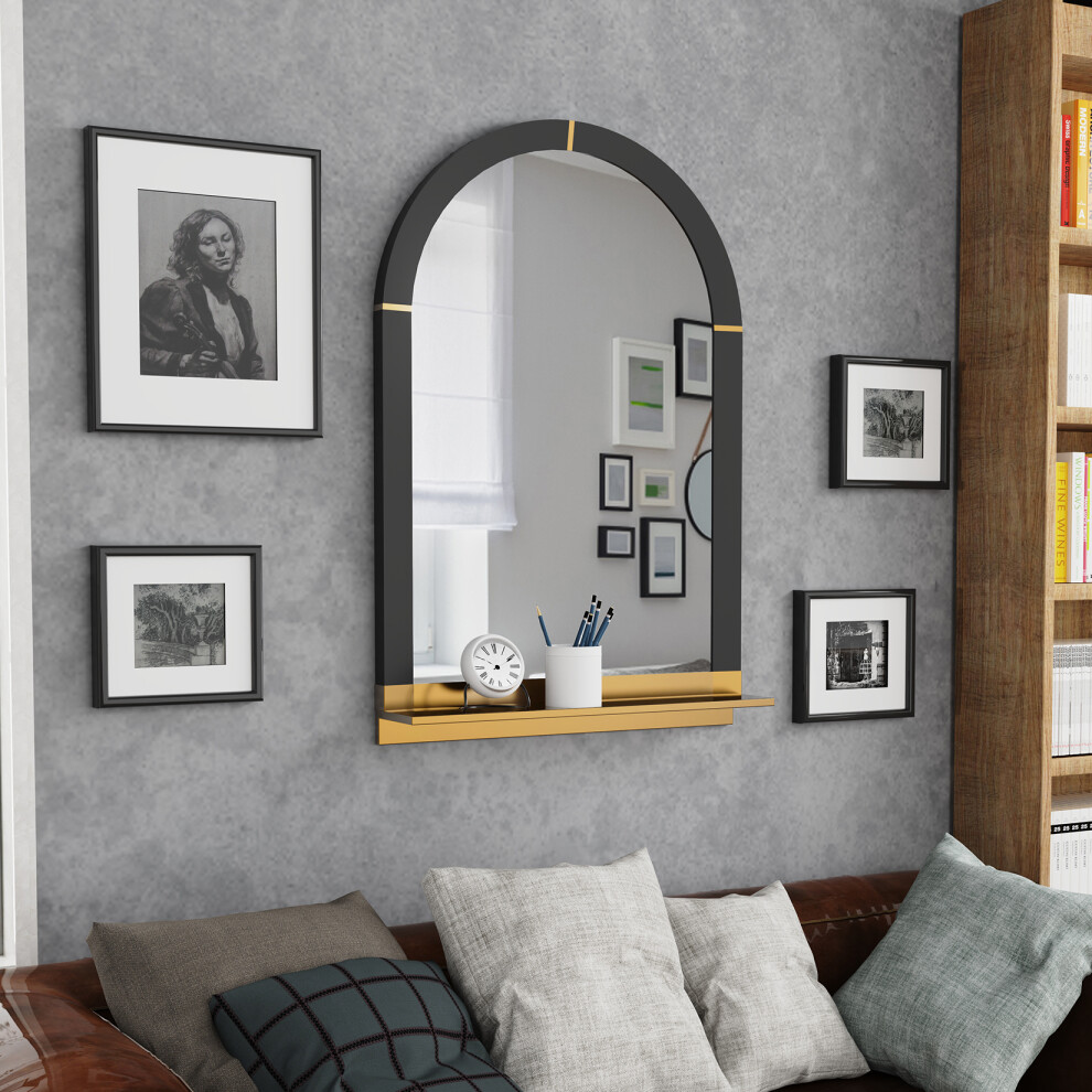 Vintage Frame Arched Wall Accent  Bathroom Mirror with Gold Shelf