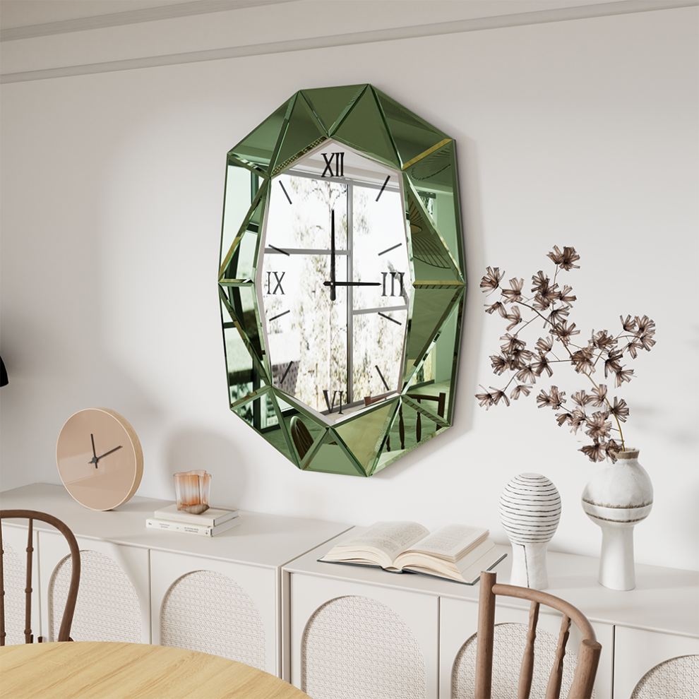 (Green) Irregular Beveled Diamond Wall MirrorHanging Clock