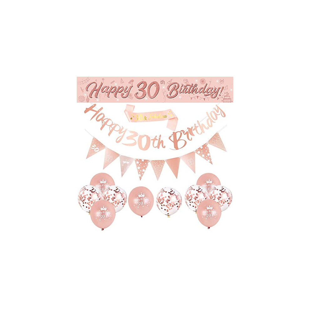 14 Pieces 30th Happy Birthday Decorations,Rose Gold 30th Birthday Party Supplies Including Happy 30th Birthday Banners Birthday Straps Triangle Flag
