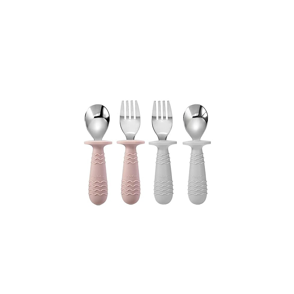 Pandaear 4 Pack Toddler Baby Cutlery Self Feeding Set, Silicone Stainless Steel Utensils Silverware Spoon Fork, 12 Months Plus, With Silicone Holding