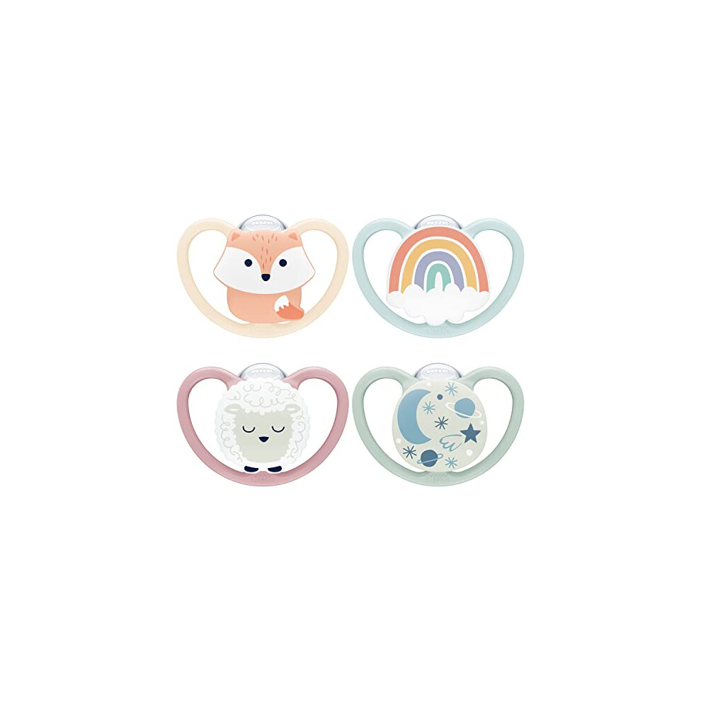 NUK Space Day & Night Baby Dummy 0-6 Months Glow-in-the-Dark Soothers with Extra Ventilation for Sensitive Skin BPA-Free Silicone Fox & Sheep 4 Count