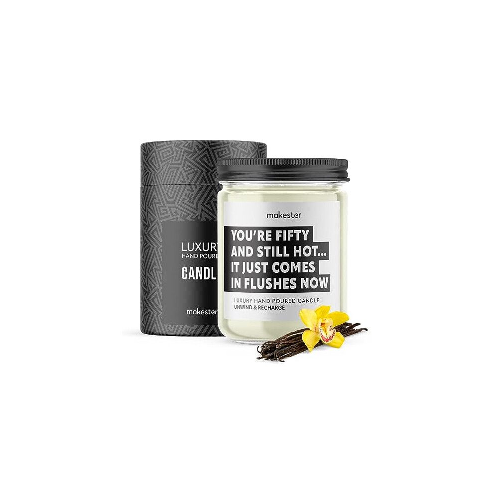 50th Birthday Candle - 220g Soy Wax with Madagascan Vanilla, Jasmine & Sugared Almond - 50th Birthday Gifts for Women - Funny Candles by Makester
