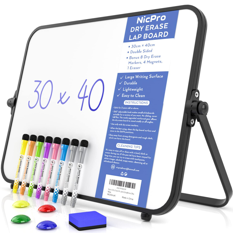 Nicpro Dry Erase Small Whiteboard A3 with Non-Slip Stand, 30 x 40 cm Double Sided Magnetic Desktop White Board with 8 Pens, Eraser, Magnet, Portable