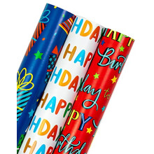 RUSPEPA Reversible Birthday Wrapping Paper Roll - Mini Roll - 3 Rolls - 43.2CM X 3.05M Per Roll - Happy Birthday Lettering and Gift Box for Kid's