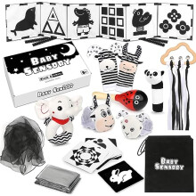 Joyreal Baby Sensory Toys, 13 Pcs Black and White Sensory Toys 0-6 Months, Foil Blanket, Sensory Cards, Baby Rattles, Ribbon Ring, Scarf, Maracas,