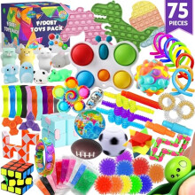 75-Piece Fidget Toy Pack with Pop Its, Poppers & Squishies - Party Favors, Classroom Prizes - Autism/ADHD Stress Relief - Stash-A11