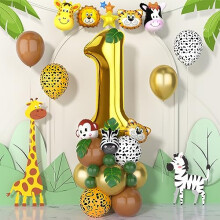 Jungle 1st Birthday Decorations Boys,40 Inch gold number 1 Balloons with Animal Foil Balloons and Jungle Safari Balloons for baby Boys Girls Birthday