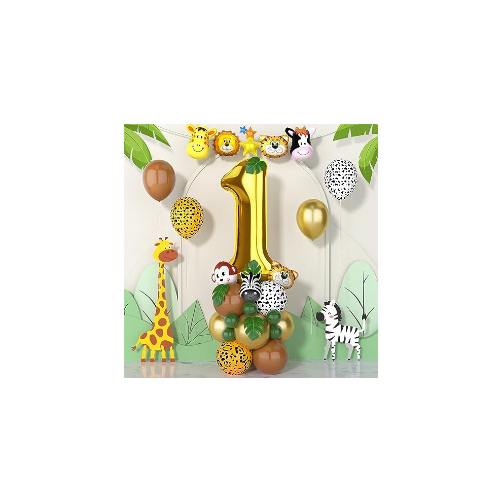Jungle 1st Birthday Decorations Boys,40 Inch gold number 1 Balloons with Animal Foil Balloons and Jungle Safari Balloons for baby Boys Girls Birthday