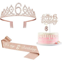 6th Birthday Decorations for Girl Including Birthday Girl Sash, Crown, Numeral 6 Candle and Cake Topper, 6 Year Old Barbie Birthday Decorations Rose