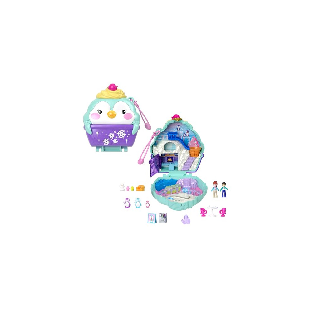 Polly Pocket Dolls and Playset, Travel Toy with Fidget Exterior, Snow Sweet Penguin Compact with 13 Accessories, HRD34