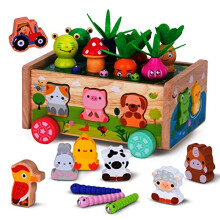 KMTJT Montessori Wooden Toddler Toys for 1 2 3 Years Old Boys Girls, Shape Sorting Toys First Birthday Gifts for 1-2 Years, Wood Animal Farm Car
