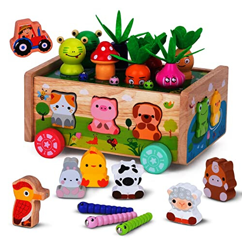 KMTJT Montessori Wooden Toddler Toys for 1 2 3 Years Old Boys Girls, Shape Sorting Toys First Birthday Gifts for 1-2 Years, Wood Animal Farm Car