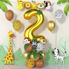 Jungle 2nd Birthday Decorations Boys,40 Inch gold number 2 Balloons with Animal Foil Balloons and Jungle Safari Balloons for baby Boys Girls Birthday