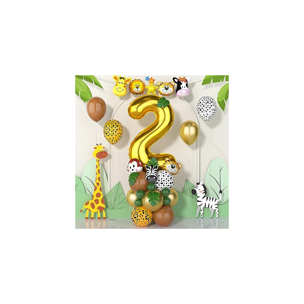Jungle 2nd Birthday Decorations Boys,40 Inch gold number 2 Balloons with Animal Foil Balloons and Jungle Safari Balloons for baby Boys Girls Birthday