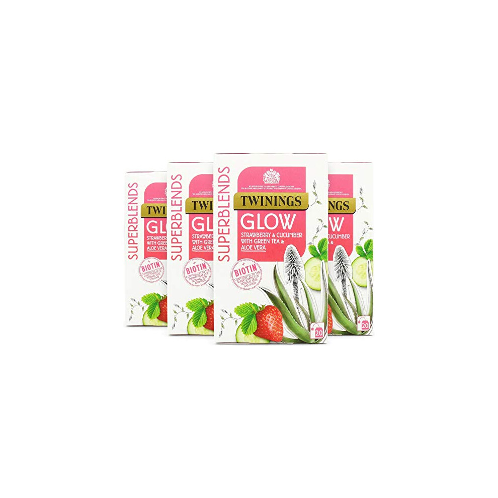 Twinings Superblends Glow Tea - Strawberry & Cucumber Green Tea with Aloe Vera & Biotin for Skincare & Hair Care, 80 x Biodegradable Tea Bags