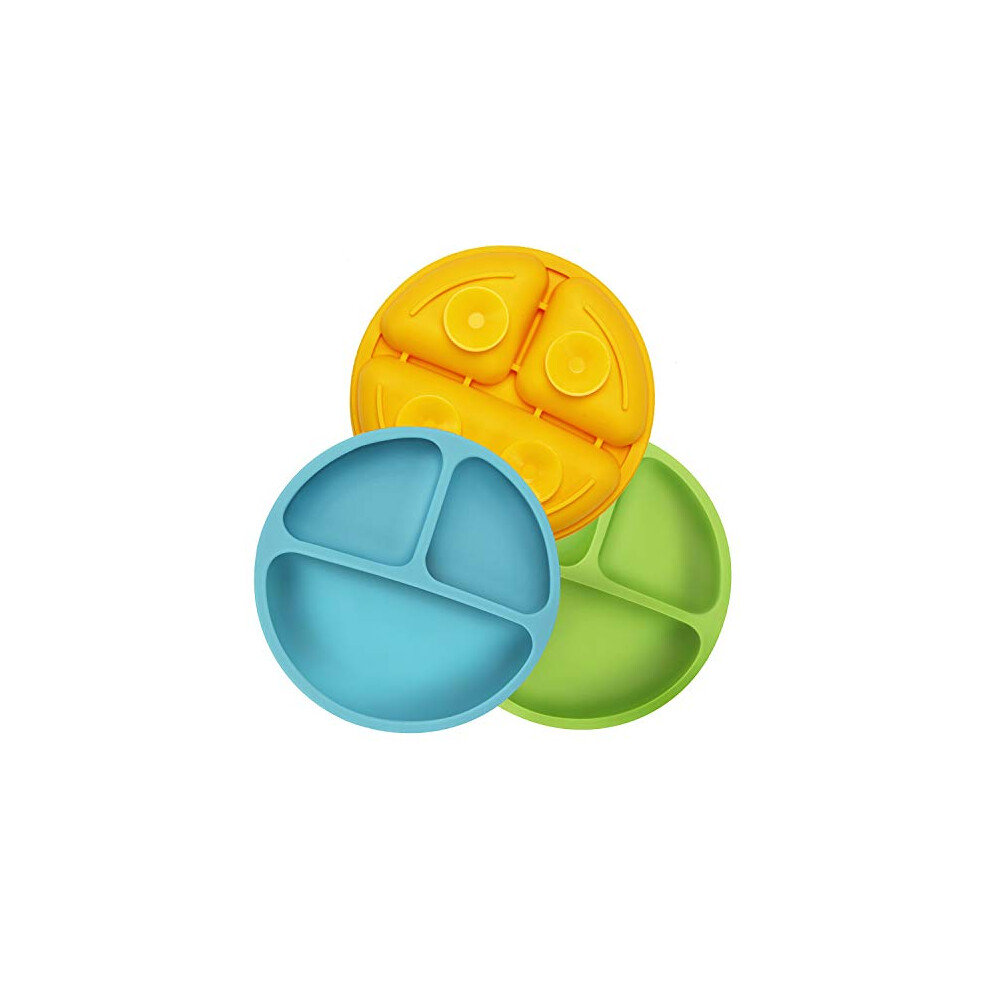 Baby Suction Plates Divided Unbreakable Silicone Baby Weaning Plates For Toddler Kids Children - 3 Pack - Non-Slip - Dishwasher And Microwave Pandaear