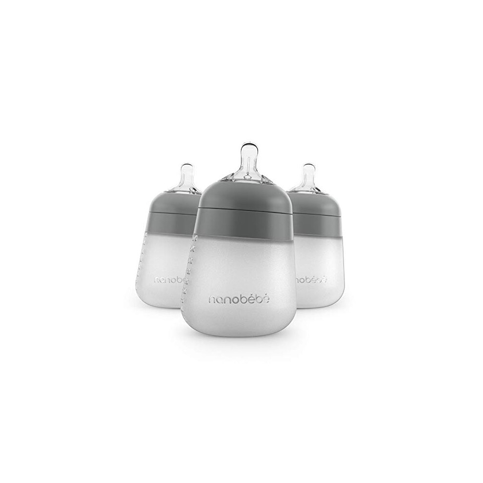 Nanobebe Flexy Silicone Baby Bottles, Anti-Colic, Natural Feel, Non-Collapsing Nipple, Non-Tip Stable Base, Easy to Clean, 3-Pack, Gray, 270ml
