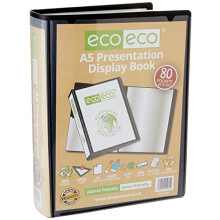 eco-eco A5 Size 50% Recycled 80 Pocket Black Presentation Display Book, Storage Case Portfolio Art Folder with Plastic Sleeves