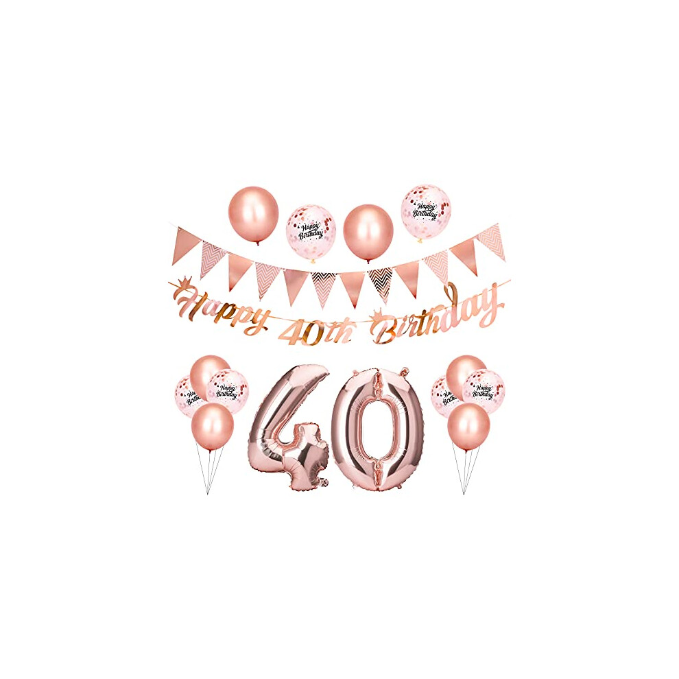 Beainfir 40th Birthday Decorations Set Include Rose Gold Happy 40th Birthday Banner, Triangle Flag Banner, Confetti Latex Balloons and Foil Balloons