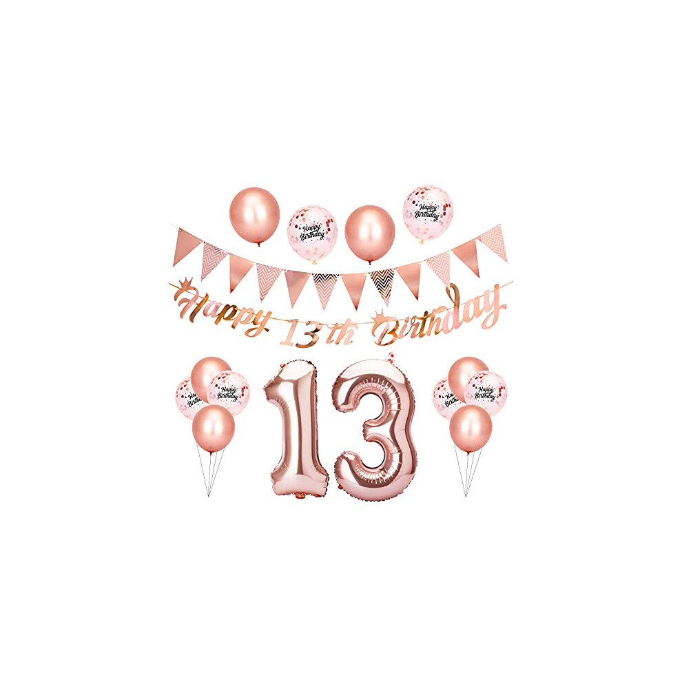 Beainfir 13th Birthday Decorations Set Include Rose Gold Happy 13th Birthday Banner, Triangle Flag Banner, Confetti Latex Balloons and Foil Balloons