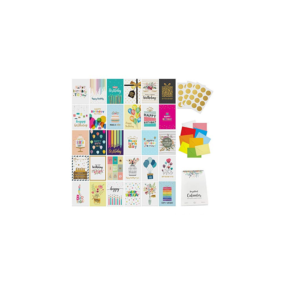 Dessie 30 Unique Happy Birthday Cards - 30 Gold Foil Birthday Cards Bulk With Message Inside. 32 White And Colored Envelopes, Perpetual Birthday