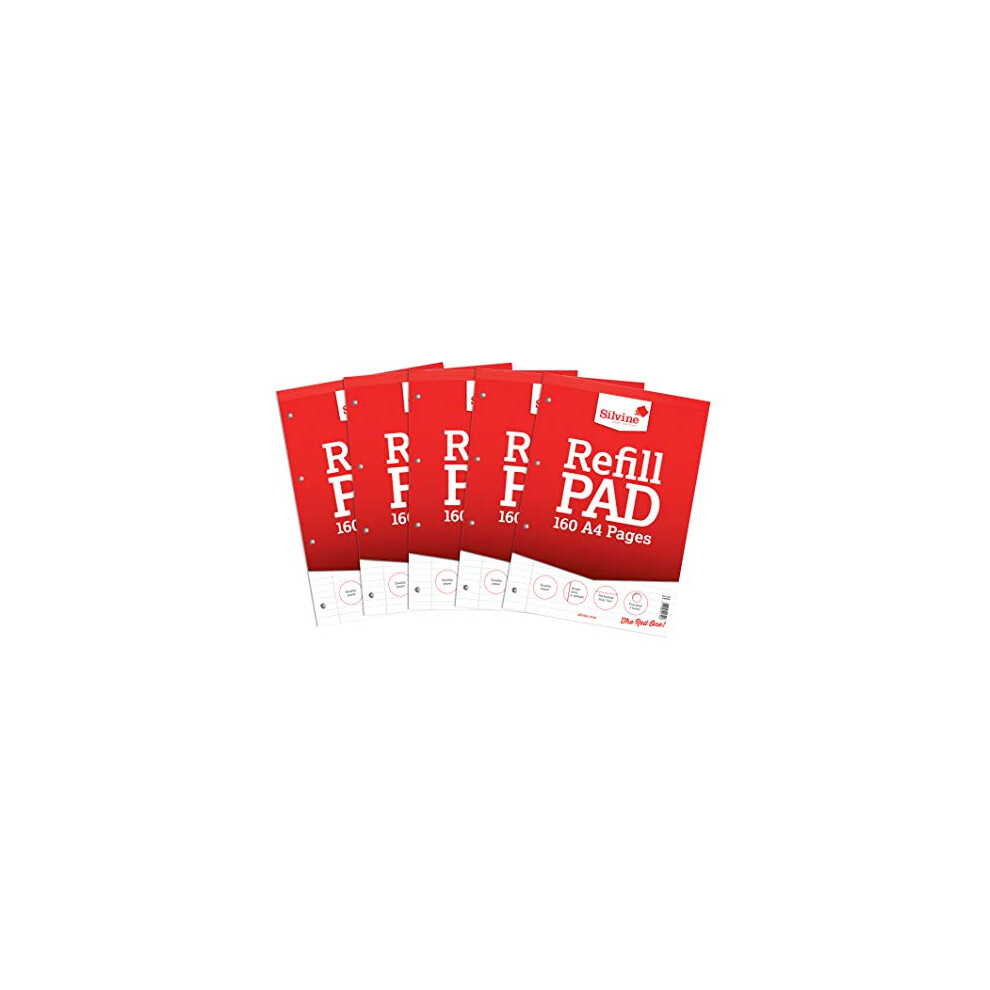 Silvine 160 Page A4 Refill Pad, Head Bound And Punched 4 Holes. Ruled 8Mm Feint With Margin [Pack Of 5], White