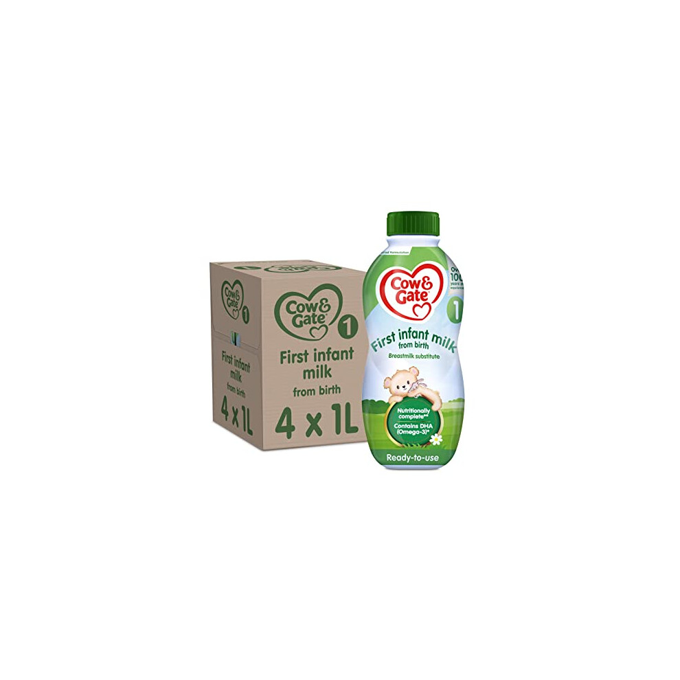 Cow & Gate 1 First Infant Baby Milk Ready to Use Liquid Formula, from Birth, 1 L (Pack of 4)