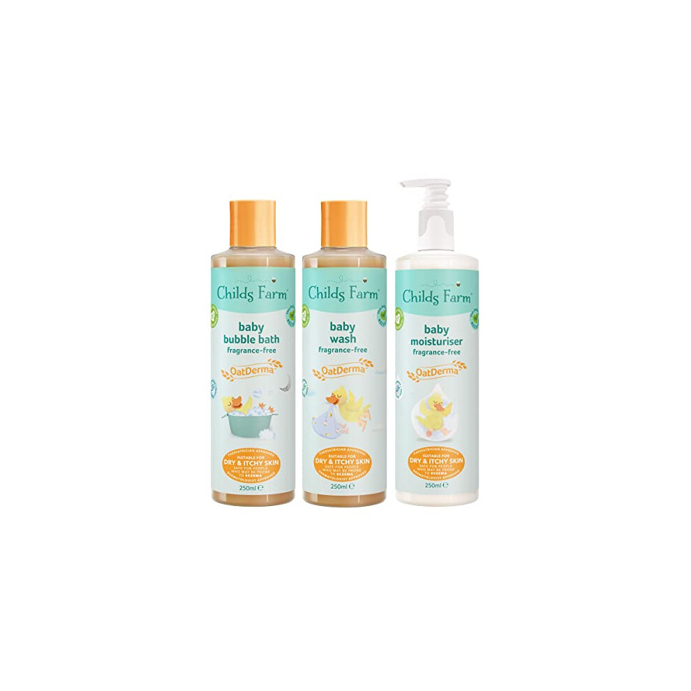 Childs Farm | Baby OatDerma Regime Bundle | OatDerma Baby Moisturiser 250ml, Wash 250ml & Bedtime Bubbles 250ml | Suitable for Newborns with Dry,