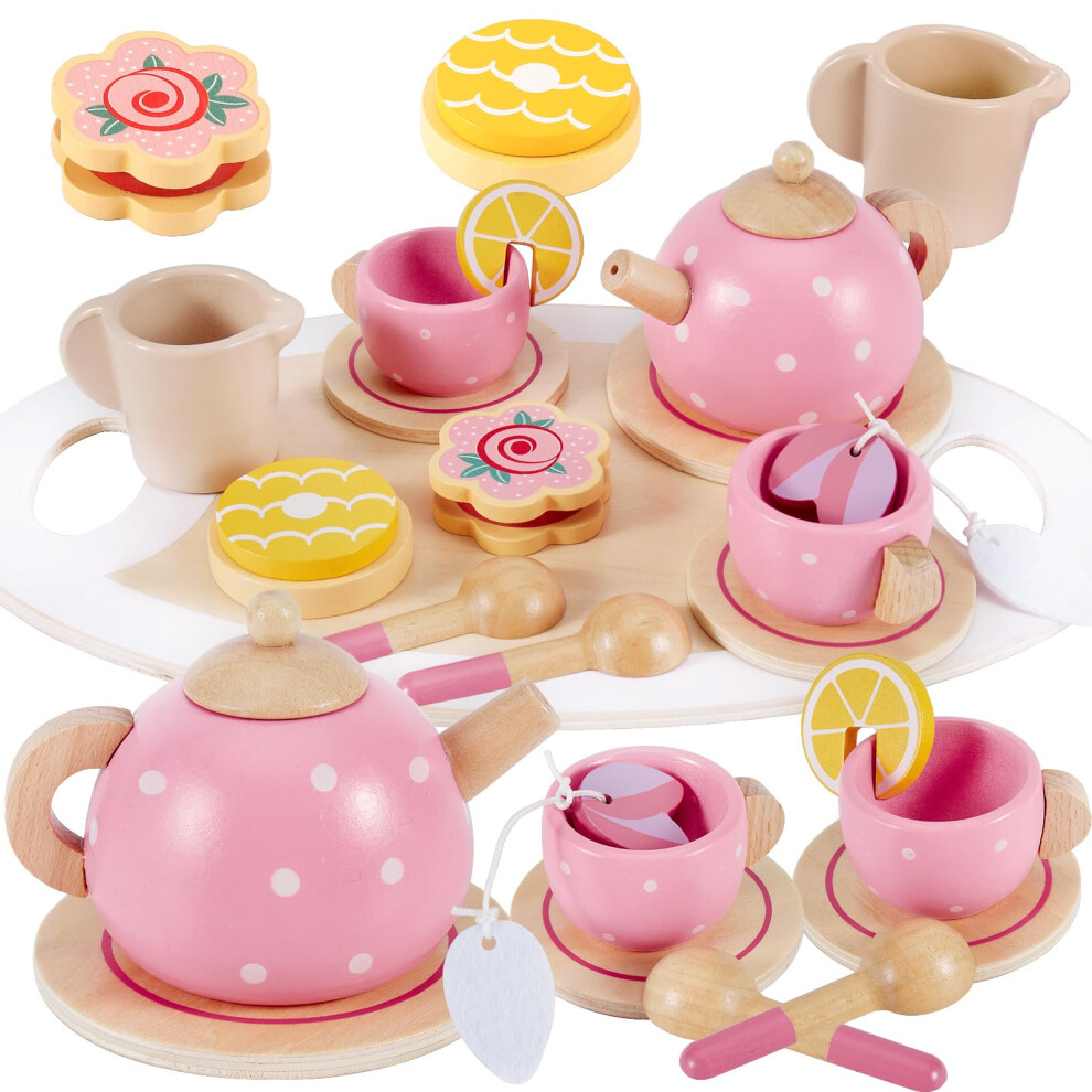 AOLEVA Wooden Afternoon Tea Set for Toddler, Children Tea Party Set with Play Food Dessert Tray Teapot Kitchen Accessories Birthday Gifts for 3 4 5