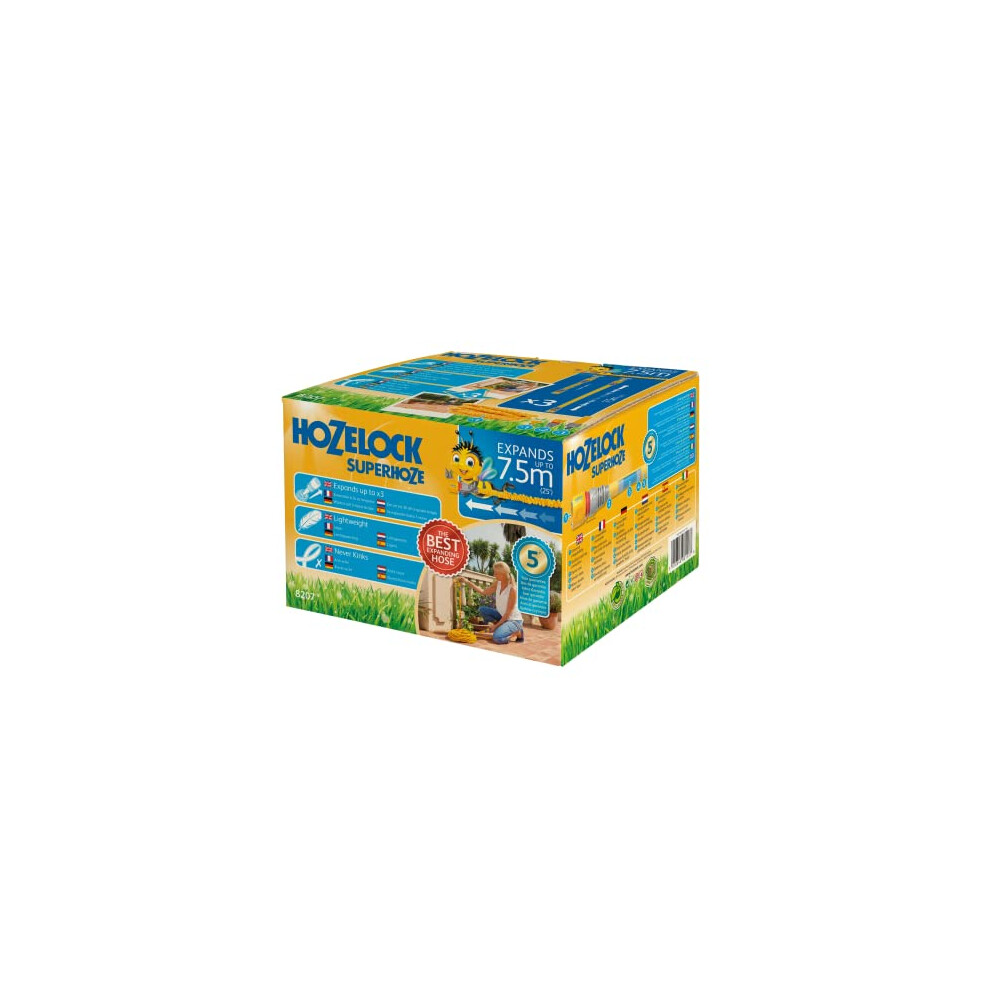 HOZELOCK - Superhoze Expanding Hose 7.5 m : Flexible Hose, Stretches up to 3x Original Length | With 2 Aquastop Fittings for a Watertight Connection: