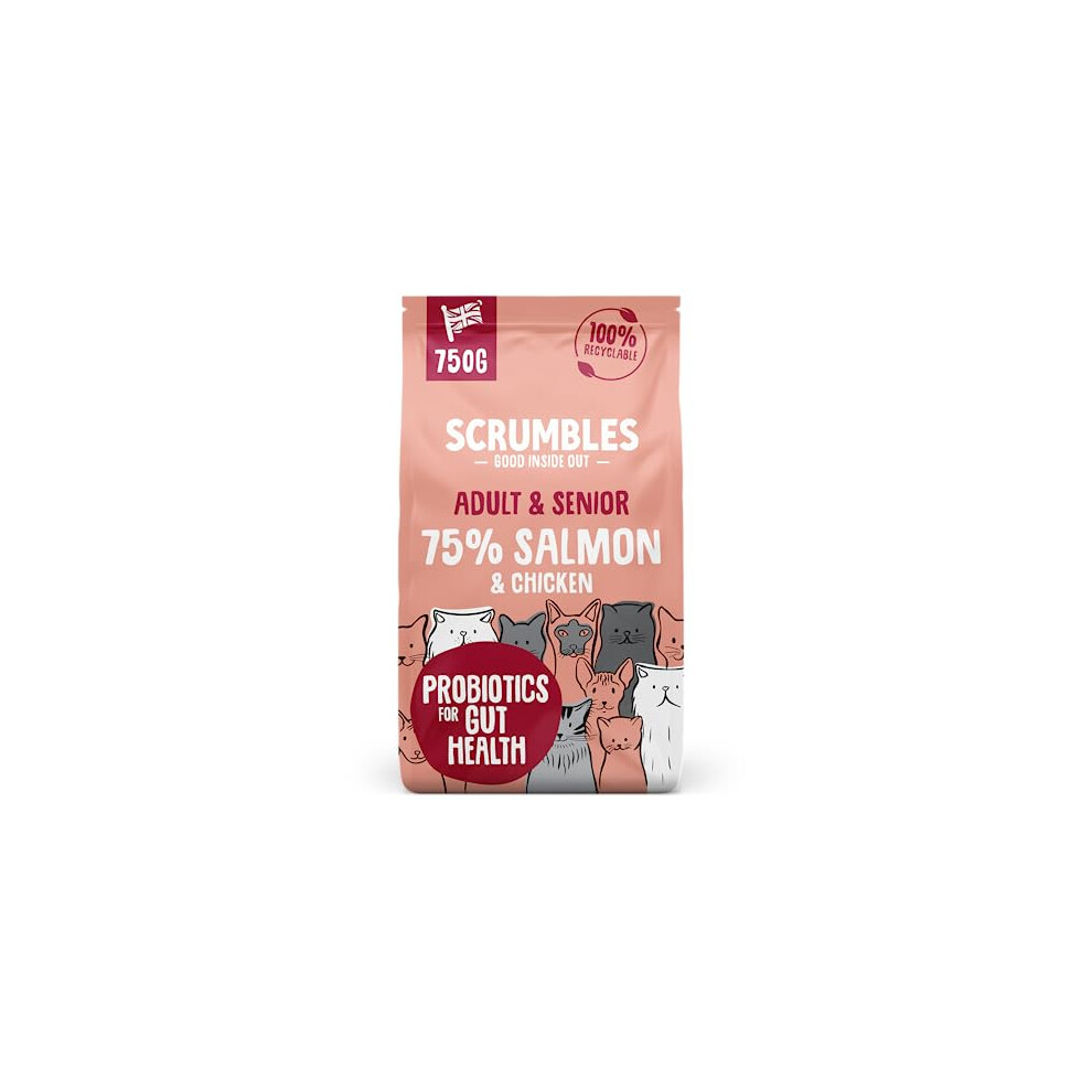 Scrumbles All Natural Dry Cat Food With 75% Chicken And Fresh Salmon, High Protein Food For Adults And Seniors, 750 G