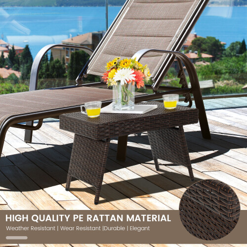 Casart Outdoor Folding Coffee Table Wicker Side Table W/ Steel Frame Foot Pads 2