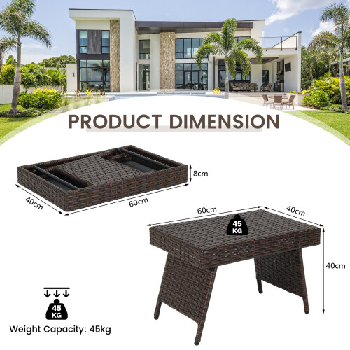 Casart Outdoor Folding Coffee Table Wicker Side Table W/ Steel Frame Foot Pads 1