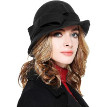 Women Solid Color Winter Hat 100% Wool Cloche Bucket With Bow Accent