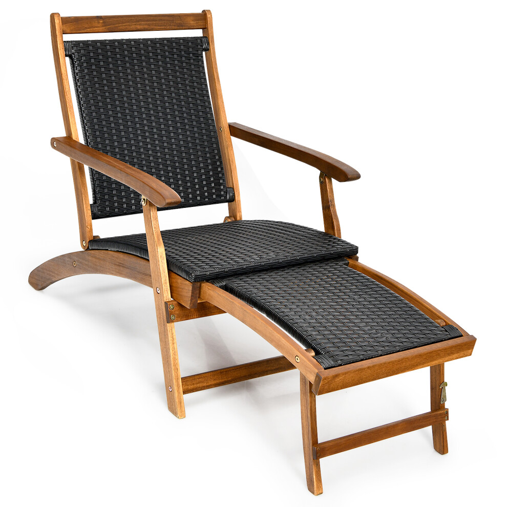 Folding Lounge Chair Outdoor Wicker Chaise Deck Chair W/ Footrest