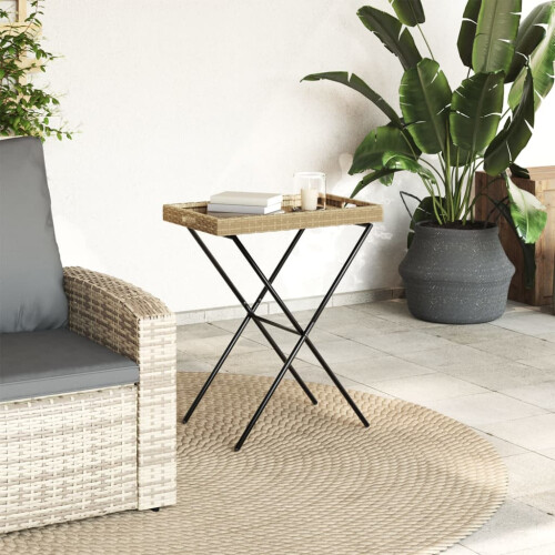 VidaXL (beige) vidaXL Folding Tray Table Hall TV Dinner Tray Serving Side Table Poly Rattan 2