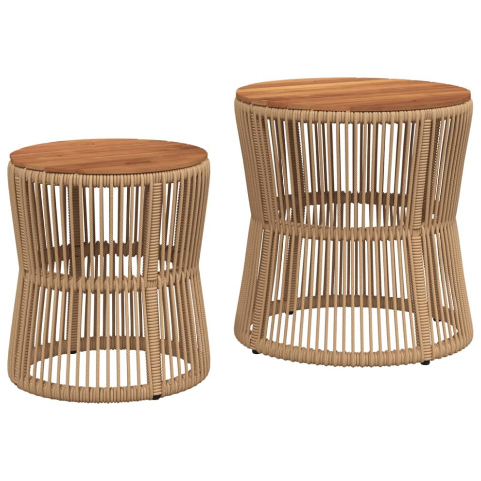 (beige, line weaving) vidaXL Garden Side Tables with Wooden Top Outdoor Table 2 pcs Poly Rattan