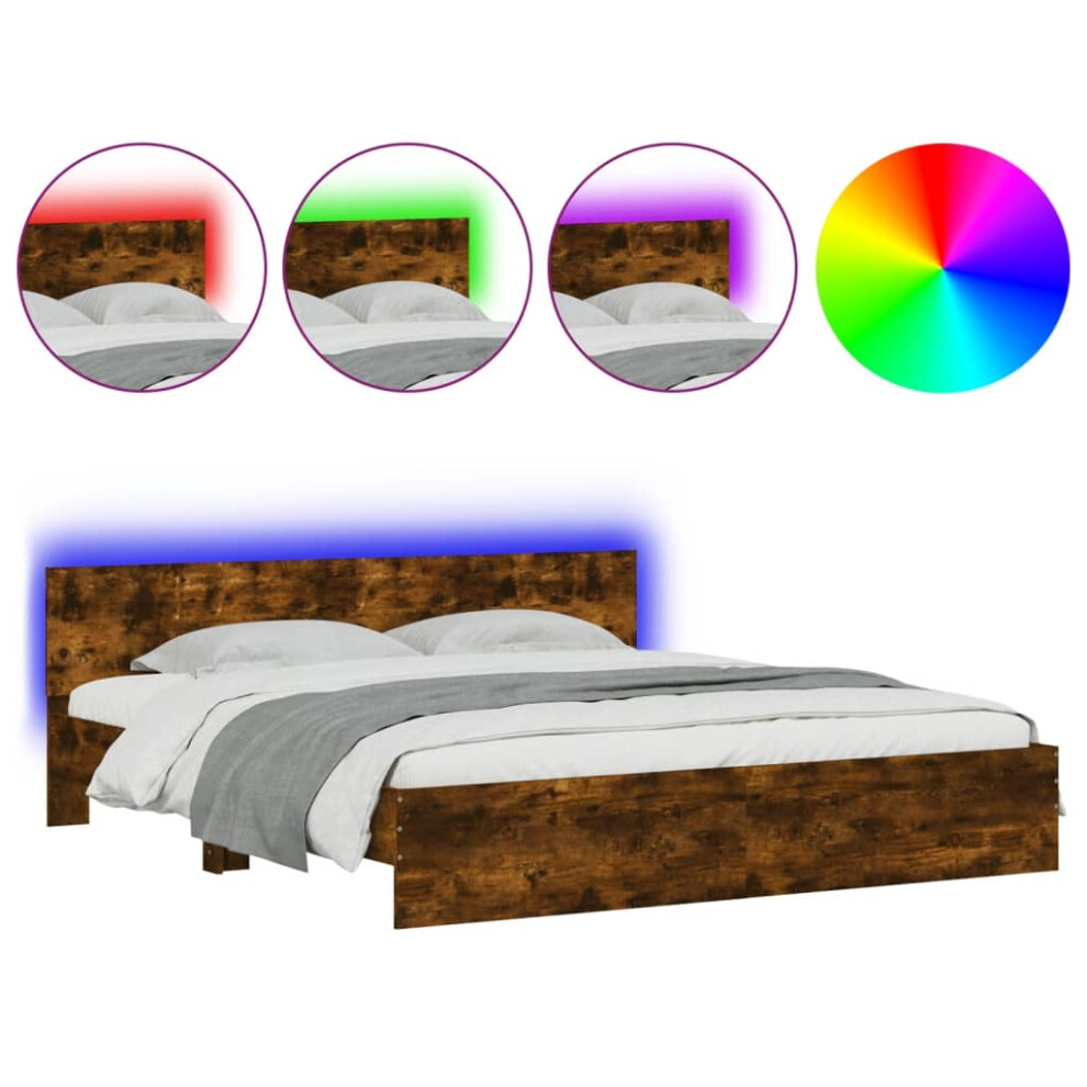 Vidaxl (Smoked Oak, 200 X 200 Cm) Bed Frame With Headboard And Led Bed Base Mattress Foundation Bedstead