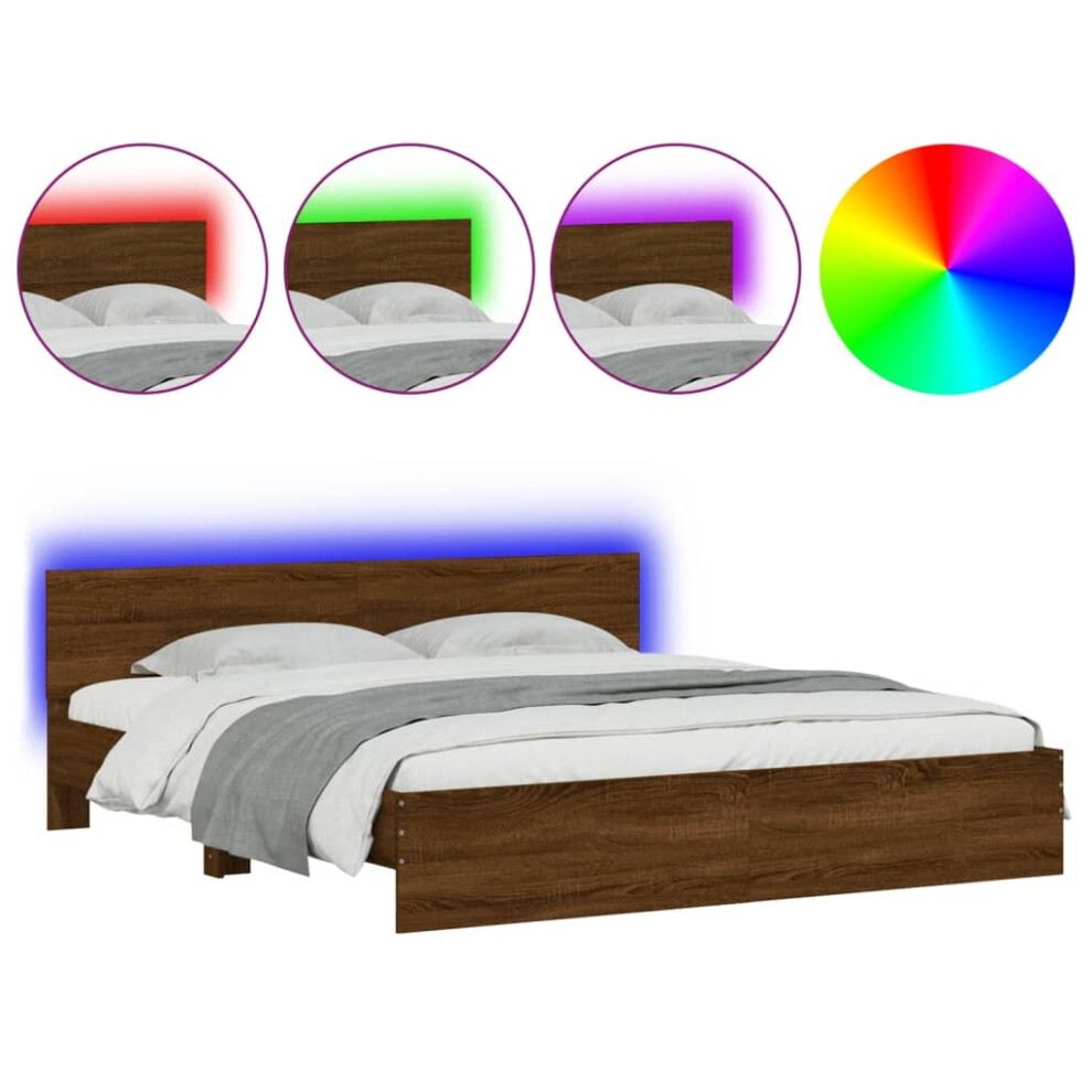 Vidaxl (Brown Oak, 200 X 200 Cm) Bed Frame With Headboard And Led Bed Base Mattress Foundation Bedstead