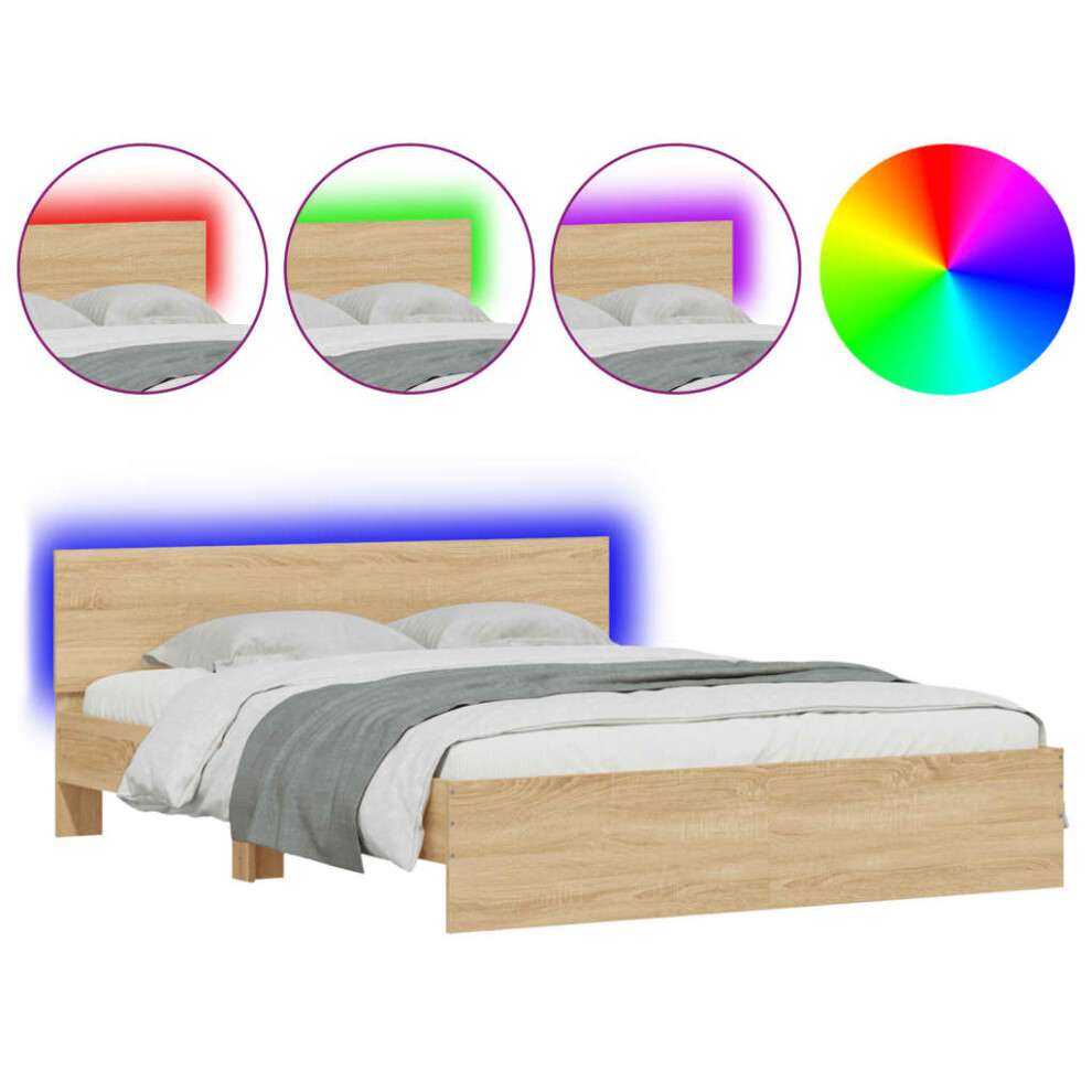 Vidaxl (Sonoma Oak, 160 X 200 Cm) Bed Frame With Headboard And Led Bed Base Mattress Foundation Bedstead