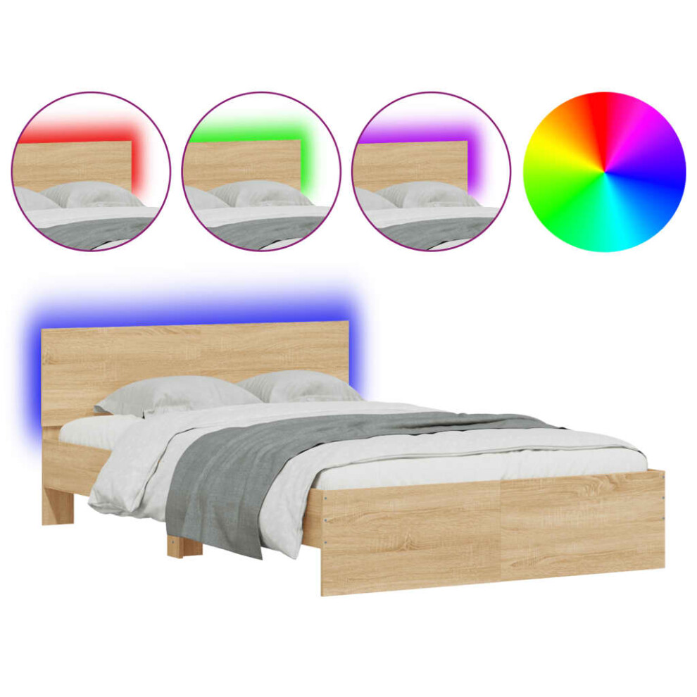 Vidaxl (Sonoma Oak, 135 X 190 Cm) Bed Frame With Headboard And Led Bed Base Mattress Foundation Bedstead