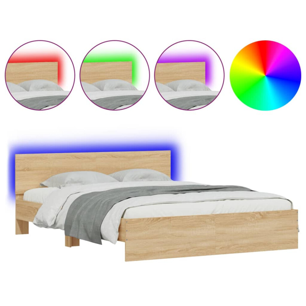 Vidaxl (Sonoma Oak, 150 X 200 Cm) Bed Frame With Headboard And Led Bed Base Mattress Foundation Bedstead