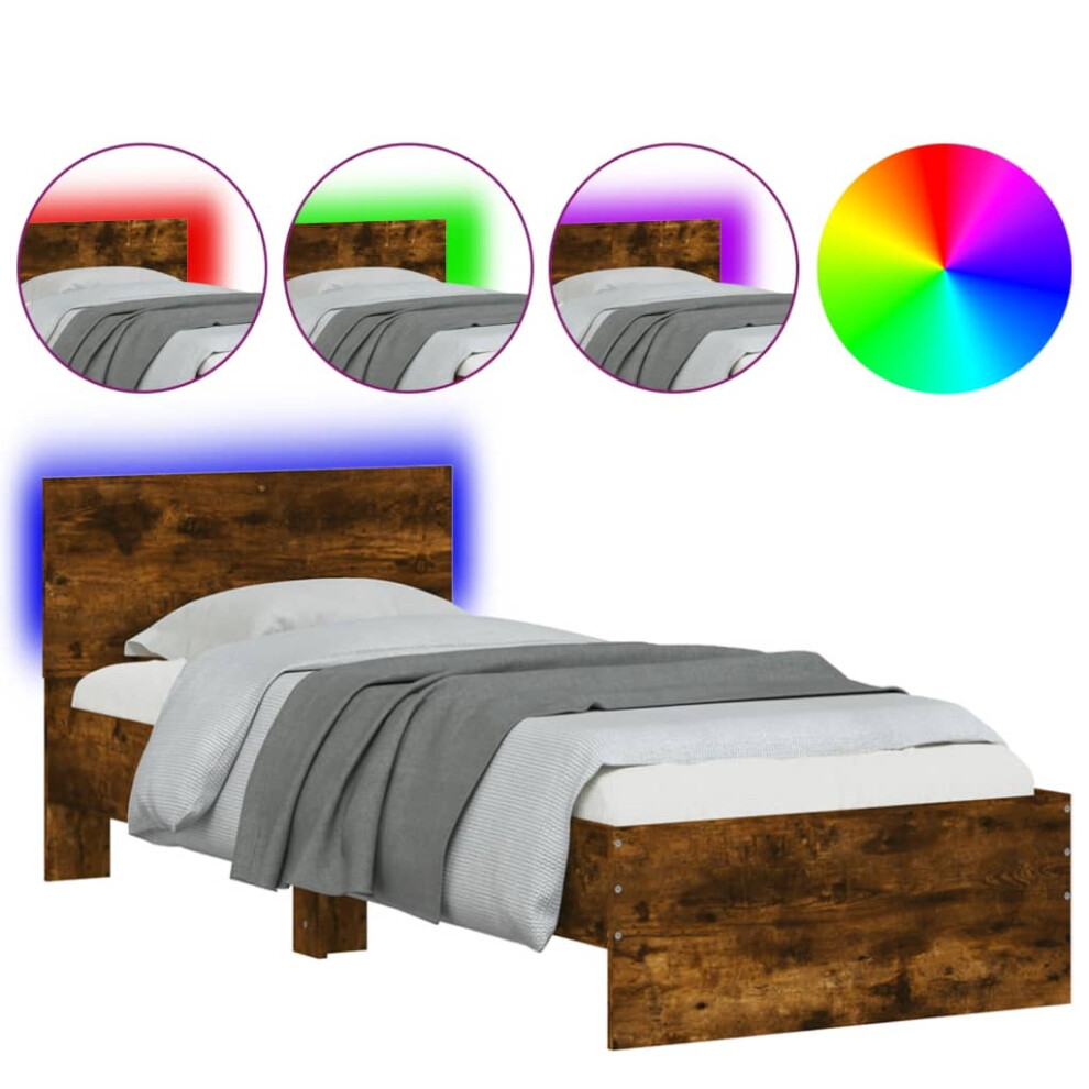 vidaXL Bed Frame with Headboard and LED Lights Smoked Oak 90x190 cm Single