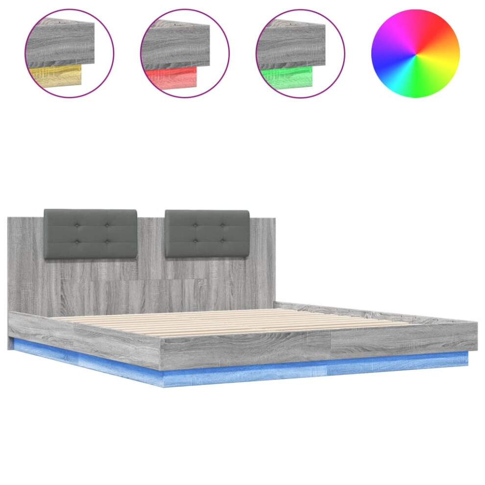 vidaXL Bed Frame with Headboard and LED Lights Bed Grey Sonoma 160x200 cm