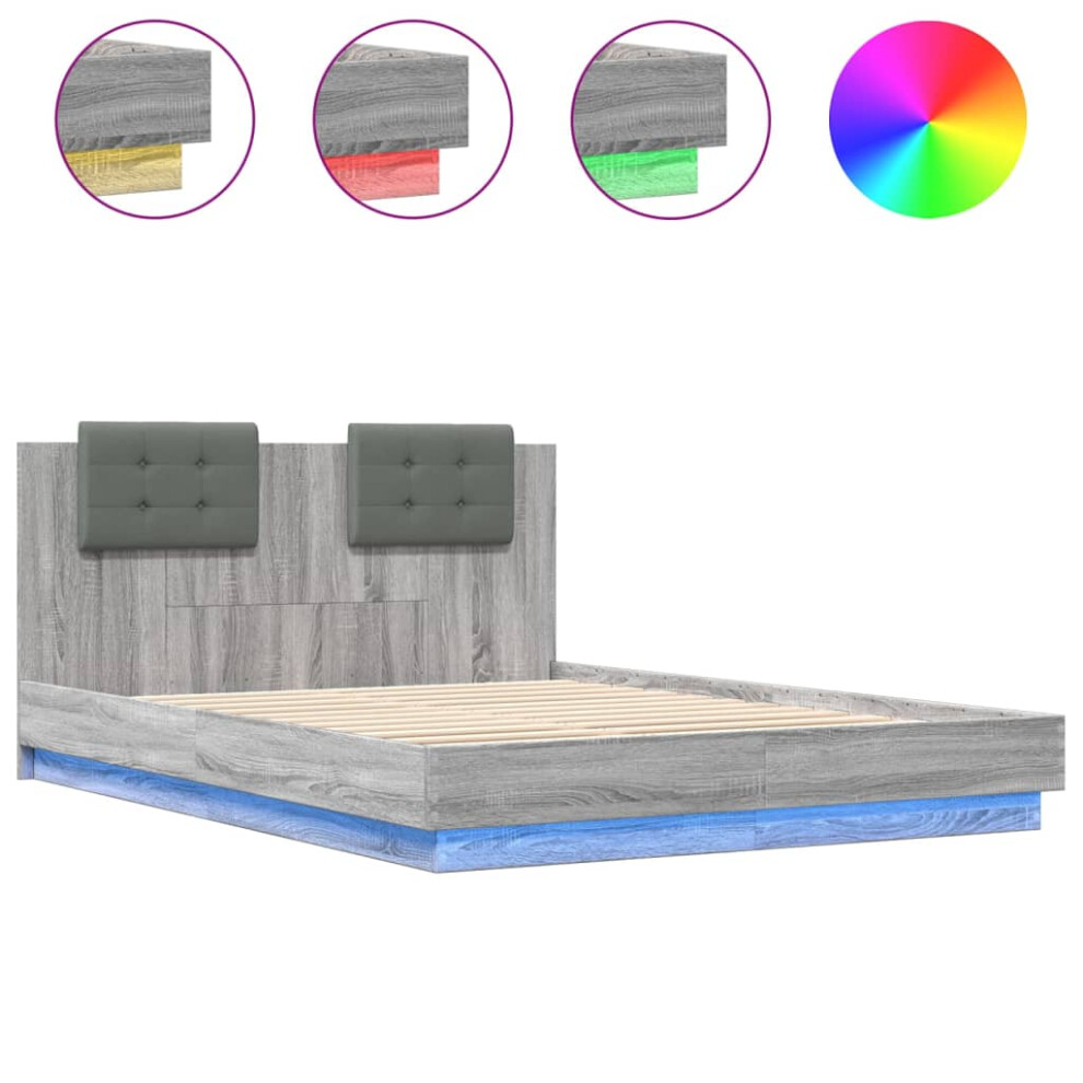 vidaXL Bed Frame with Headboard & LED Lights Grey Sonoma 150x200 cm King Size