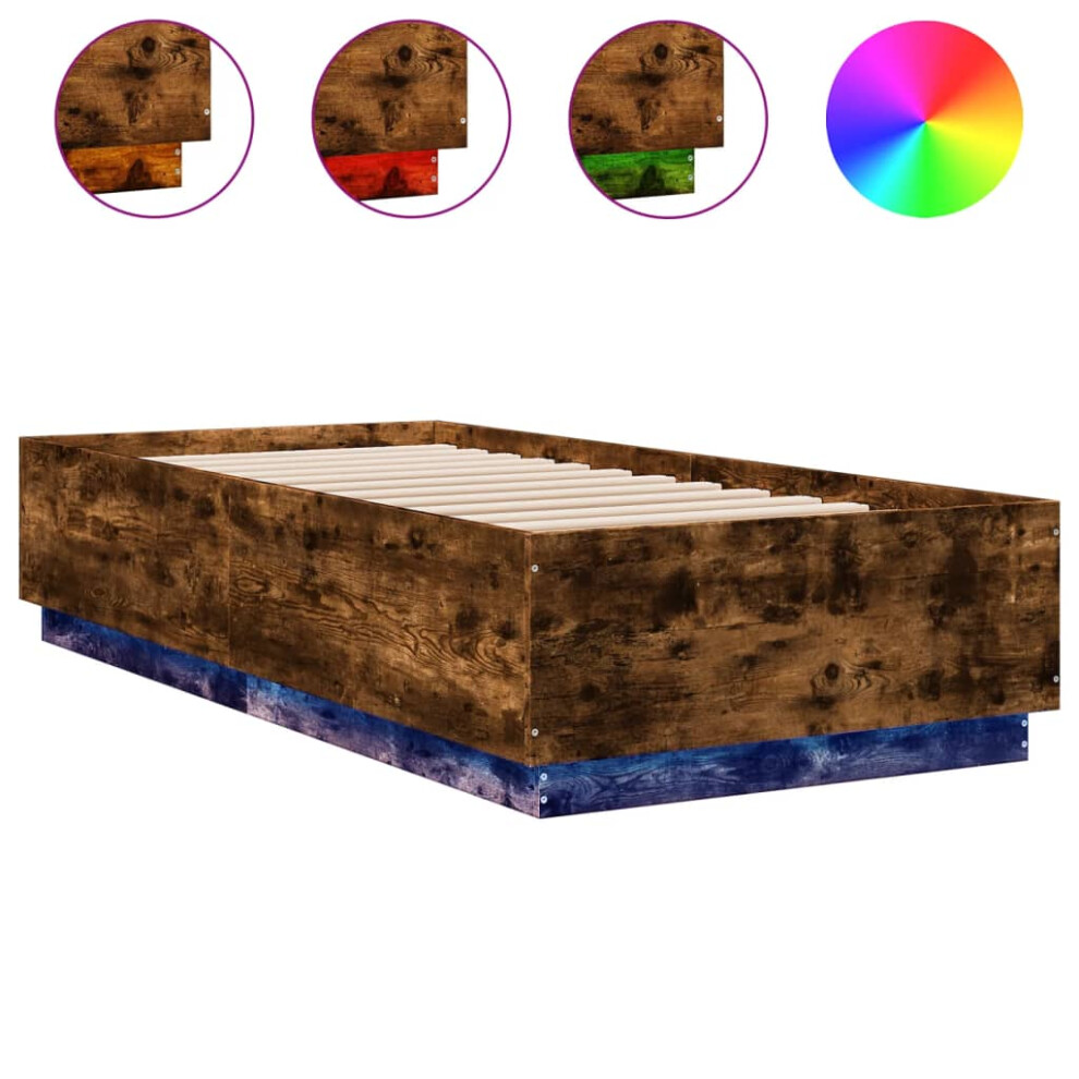 vidaXL Bed Frame with LED Lights Bed Smoked Oak 100x200 cm Engineered Wood